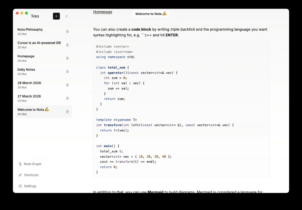 Nota editor showing a code block with syntax highlighting