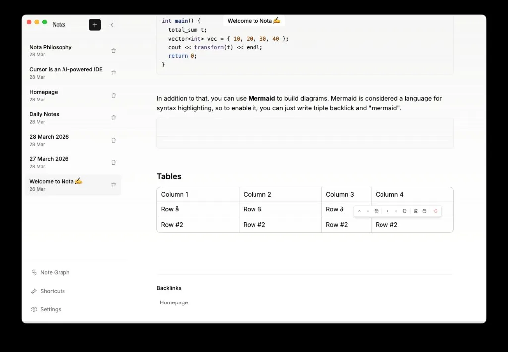 Nota notes list and editor with welcome content