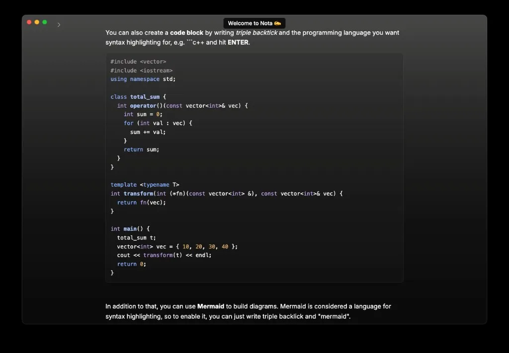 Nota for Mac showing the Welcome note with a C++ code block, syntax highlighting, and Mermaid diagram instructions in a dark window