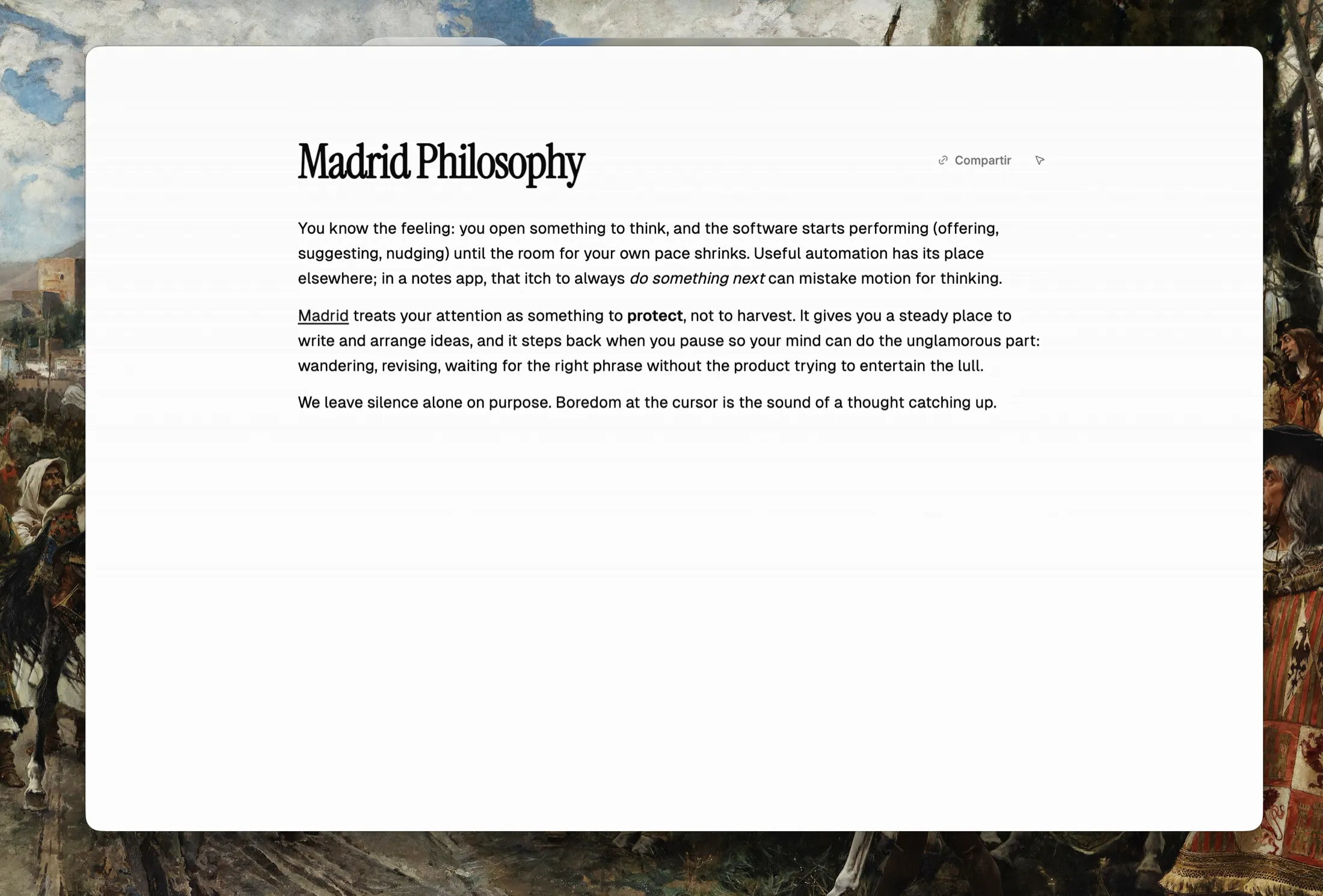 A note open in Madrid: serif title, plain paragraphs, and no toolbar hovering over the text